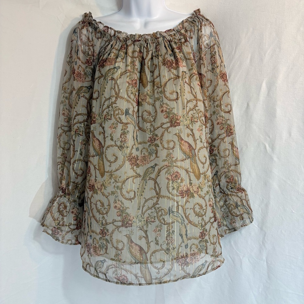 Soft Surroundings Aitana Blouse Bird Floral Sheer Boho Top L - Picture 2 of 10